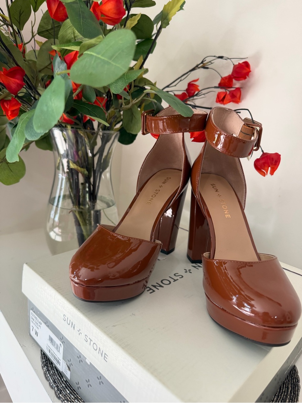 Sun + Stone Cognac Patent Ankle-Strap Platform Heels